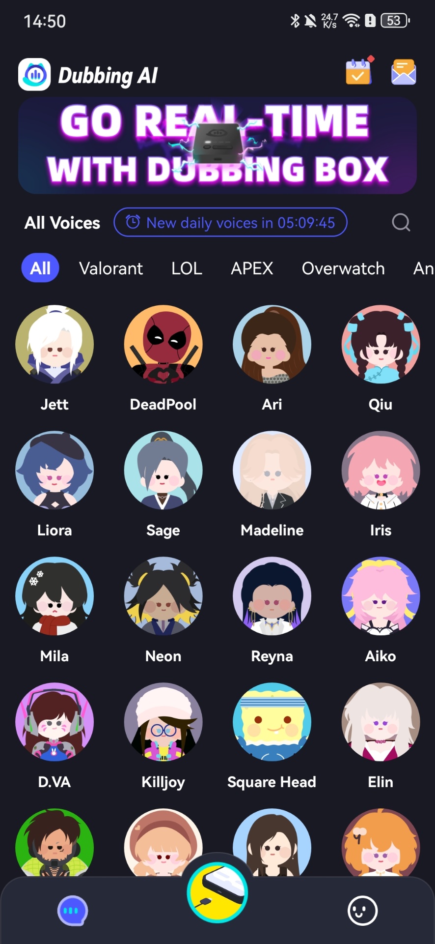 Dubbing AI mobile app showing the voice library grid and Dubbing Box entry