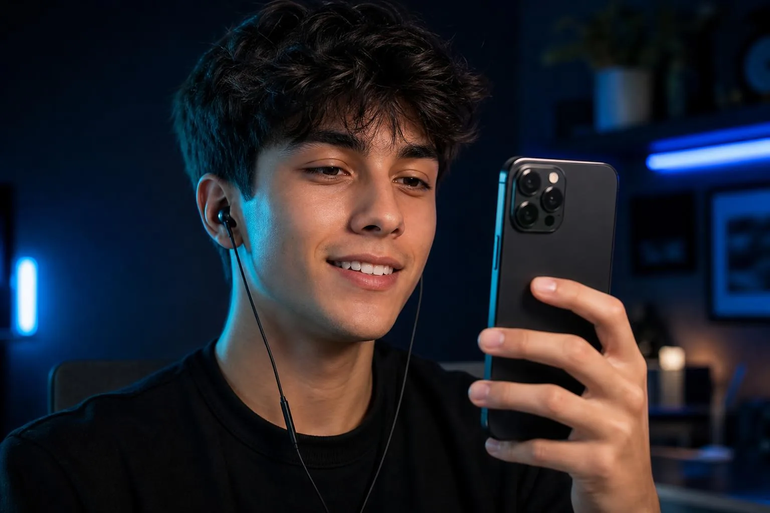 Giovane che tiene uno smartphone davanti al viso durante una videochiamata, indossando auricolari in-ear cablati neri