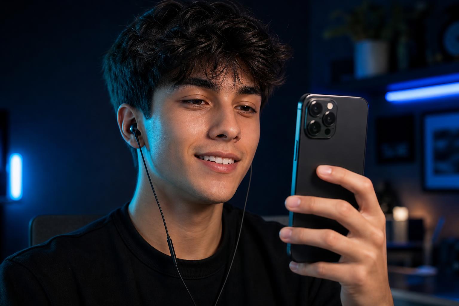 Young person holding a smartphone in front of their face on a video call, wearing black wired in-ear earbuds