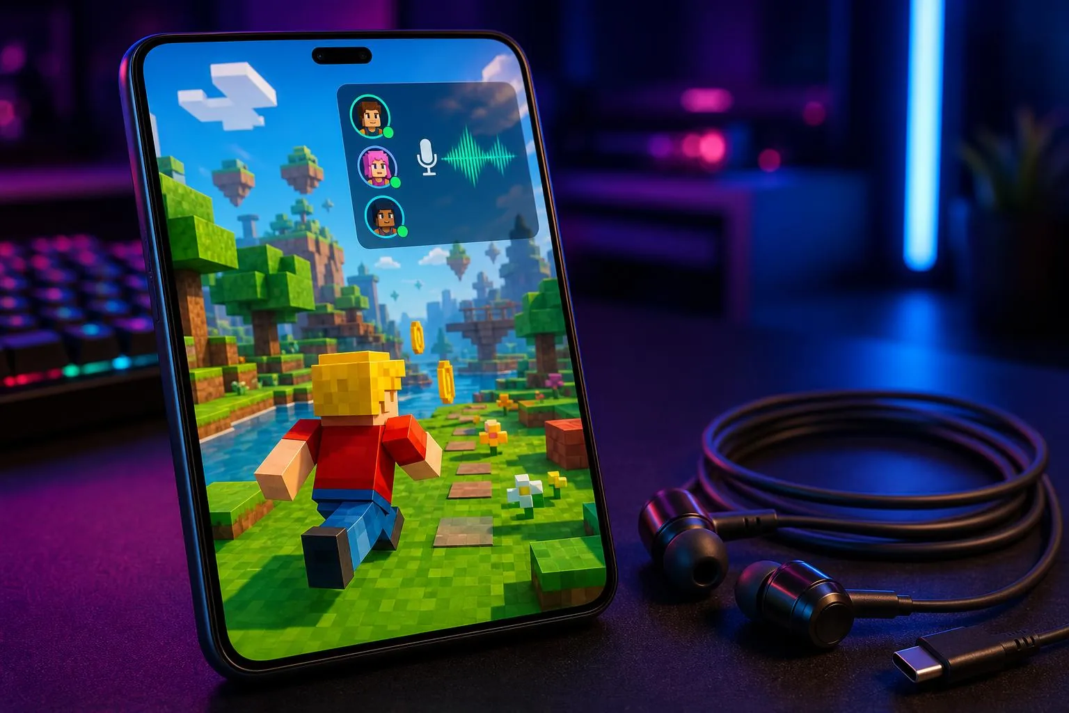 Giovane gamer concentrato con auricolari cablati immerso nella luce RGB del monitor