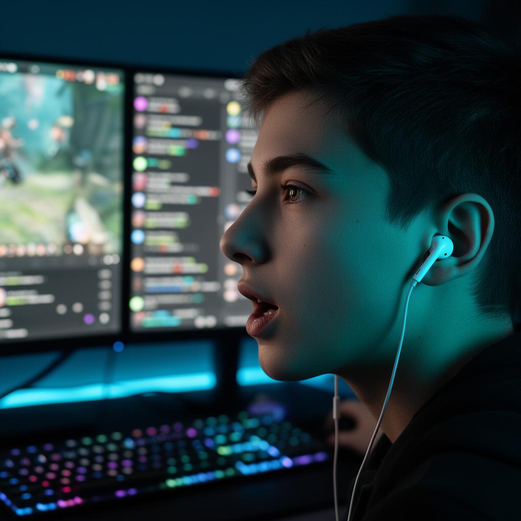 Content creator wearing in-ear earbuds speaking into a studio microphone with gaming monitors glowing in the background
