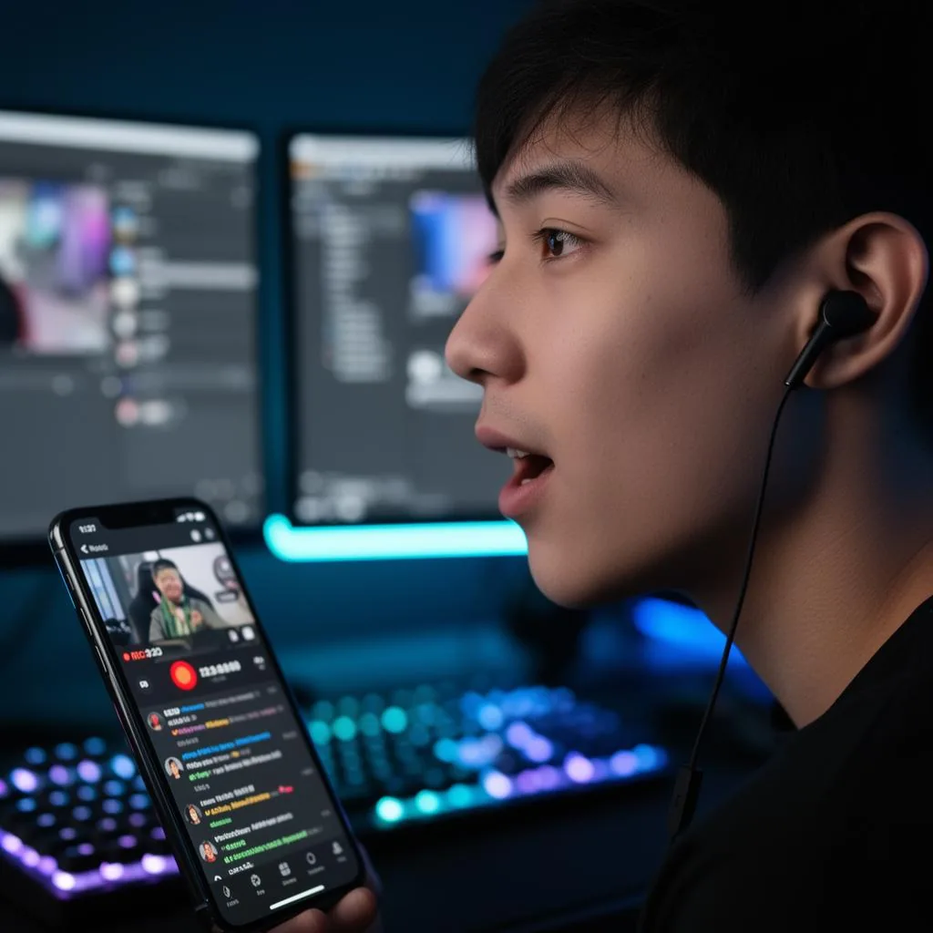 Streamer con auricolari USB-C, con un'interfaccia di diretta OBS sfocata e il bagliore RGB di una tastiera sullo sfondo