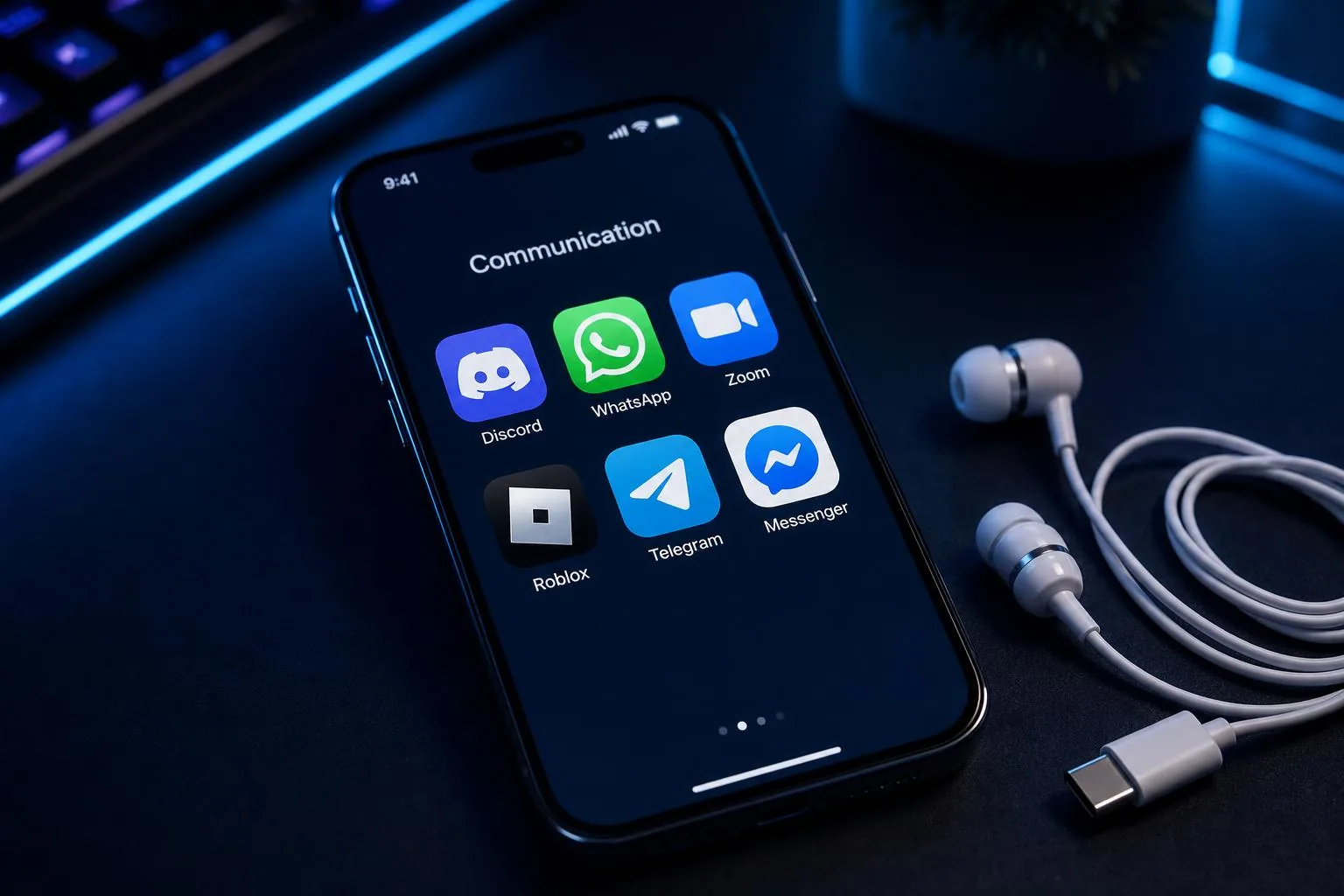 Schermo di uno smartphone che mostra le icone delle app Discord, WhatsApp, Zoom, Roblox, Telegram e Messenger accanto ad auricolari USB-C bianchi su una scrivania scura