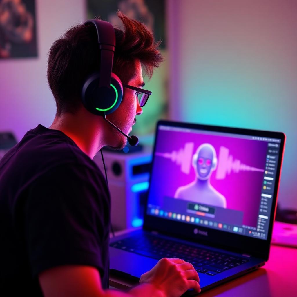 Streamer using a custom AI voice live with waveform on screen.