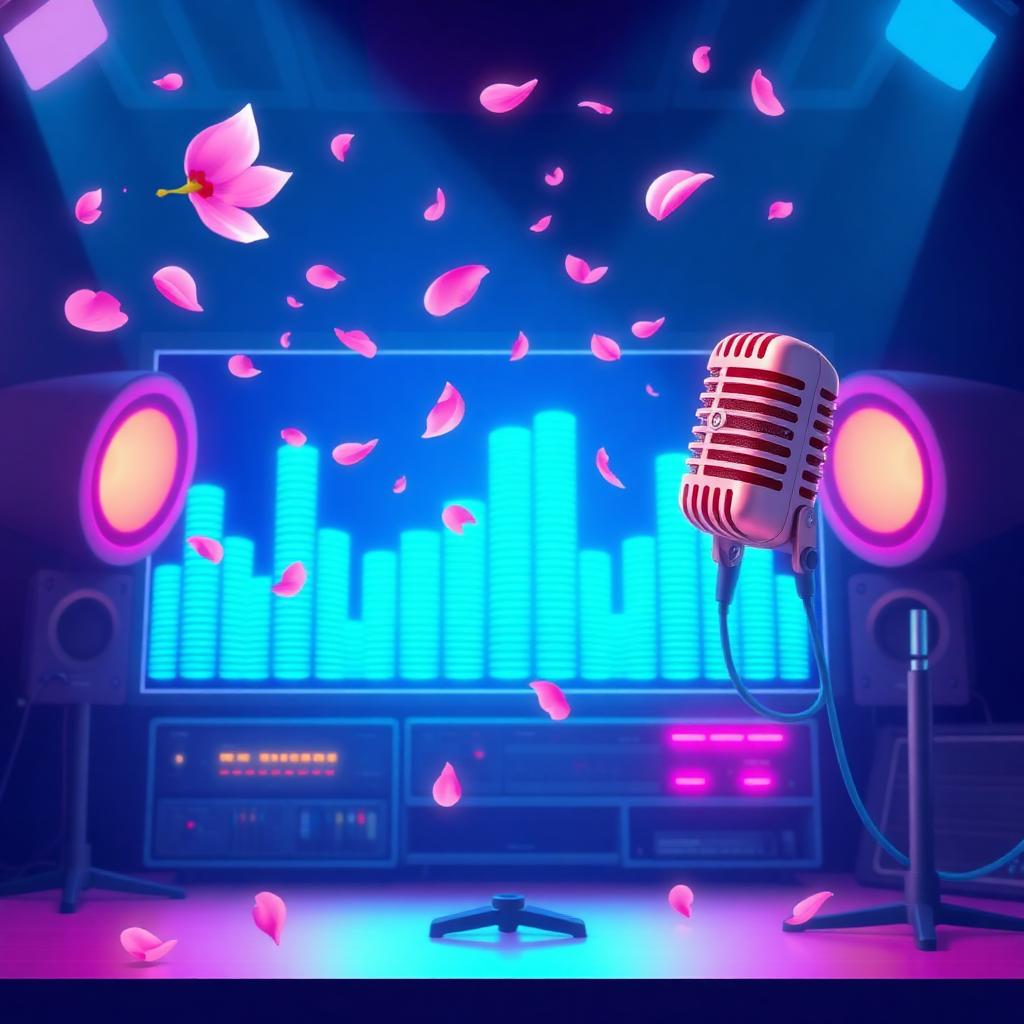 AI anime voice changer dubbing studio with microphone, waveforms and animated character on screen