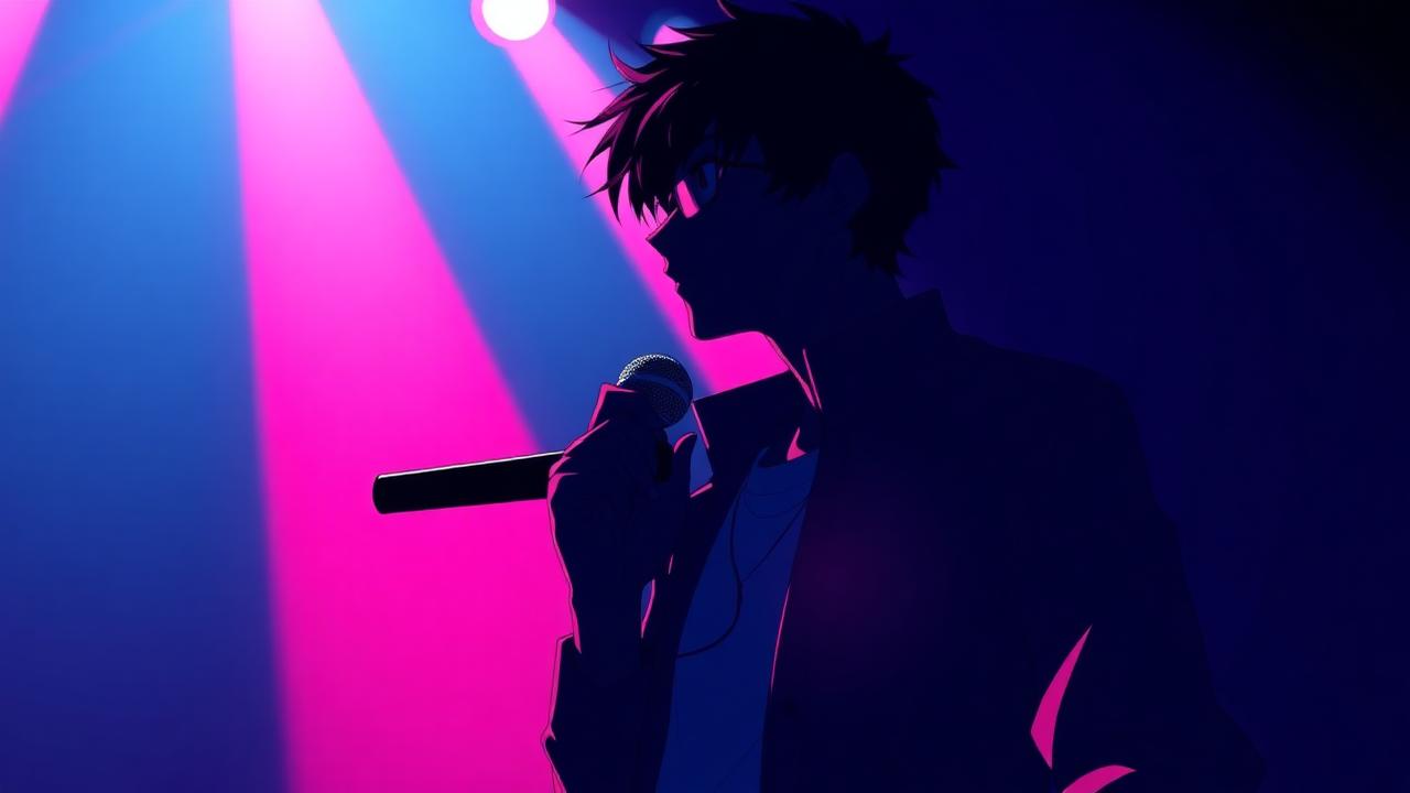 Anime voice changer key visual — silhouette anime character holding a glowing microphone