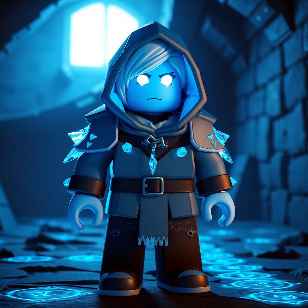 Azure voice changer — blocky Roblox ice-mage survivor from Forsaken with cyan hood and frost crystal armor