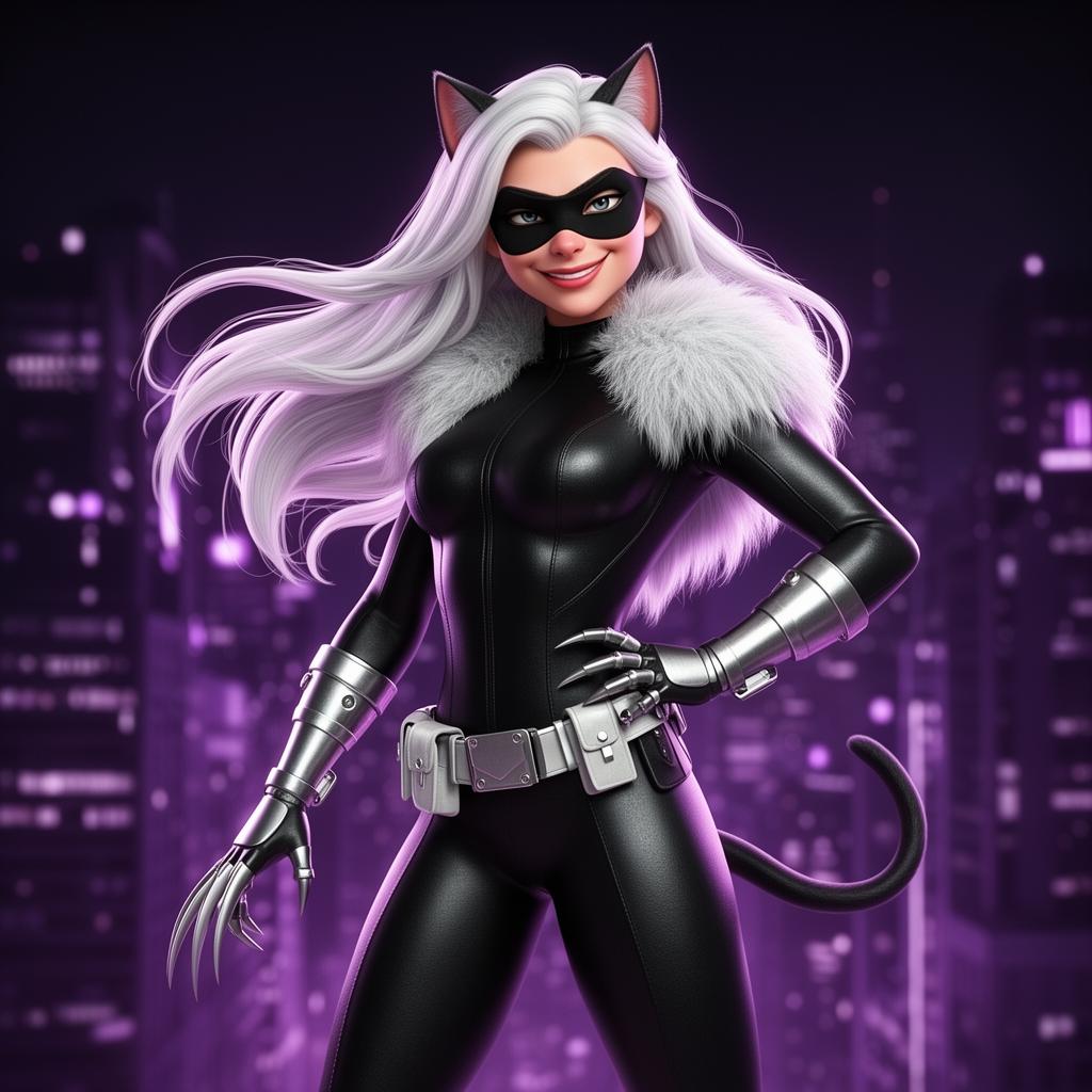 Black Cat Marvel Rivals voice changer preset - platinum-haired cat-burglar hero in black catsuit with white fur collar