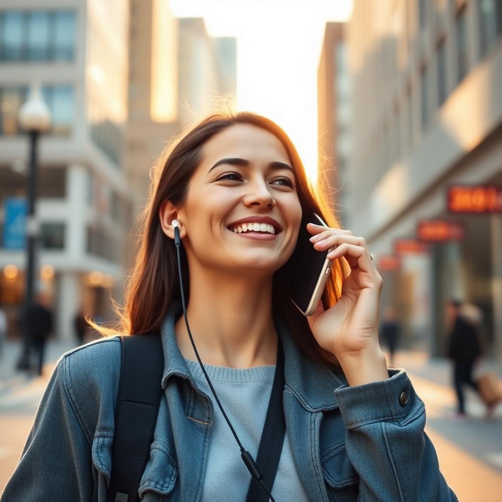 Commuter taking a crystal clear phone call with Dubbing AI Earbuds in a sunlit city street