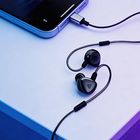 Voice changing earphones plugged into iPhone with real-time AI voice waveform
