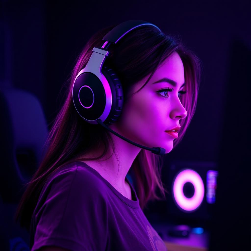 Female gamer with headset using AI voice changer for online chat