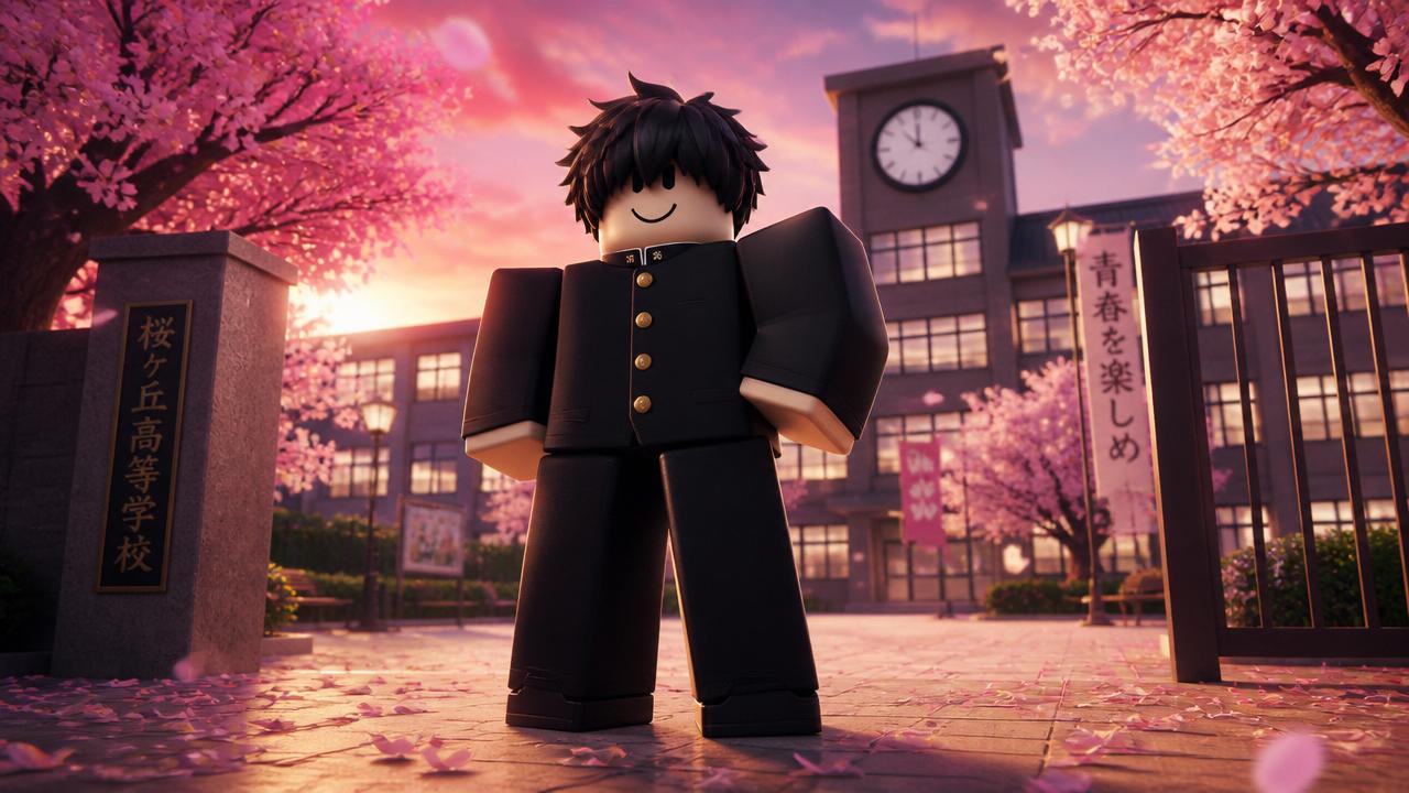 Gakuran voice changer for Roblox - blocky avatar in black Japanese school uniform standing in a cherry blossom courtyard