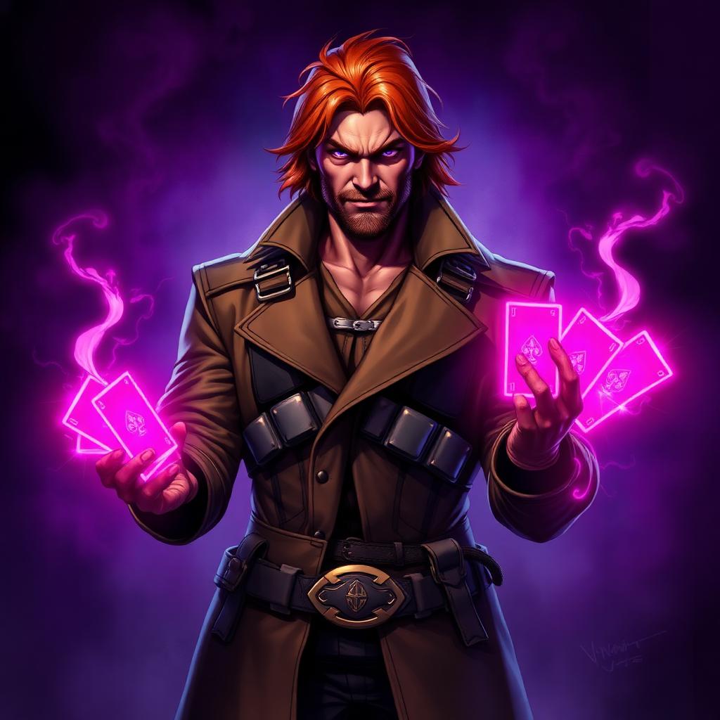 Gambit voice changer preset - Cajun Marvel Rivals duelist in brown trench coat with glowing kinetic cards