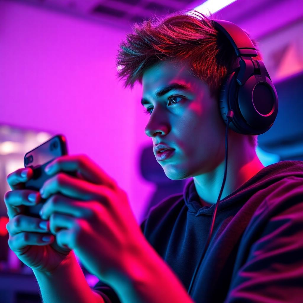 Mobile gamer wearing Dubbing AI Voice Changer Earbuds in a neon-lit gaming setup