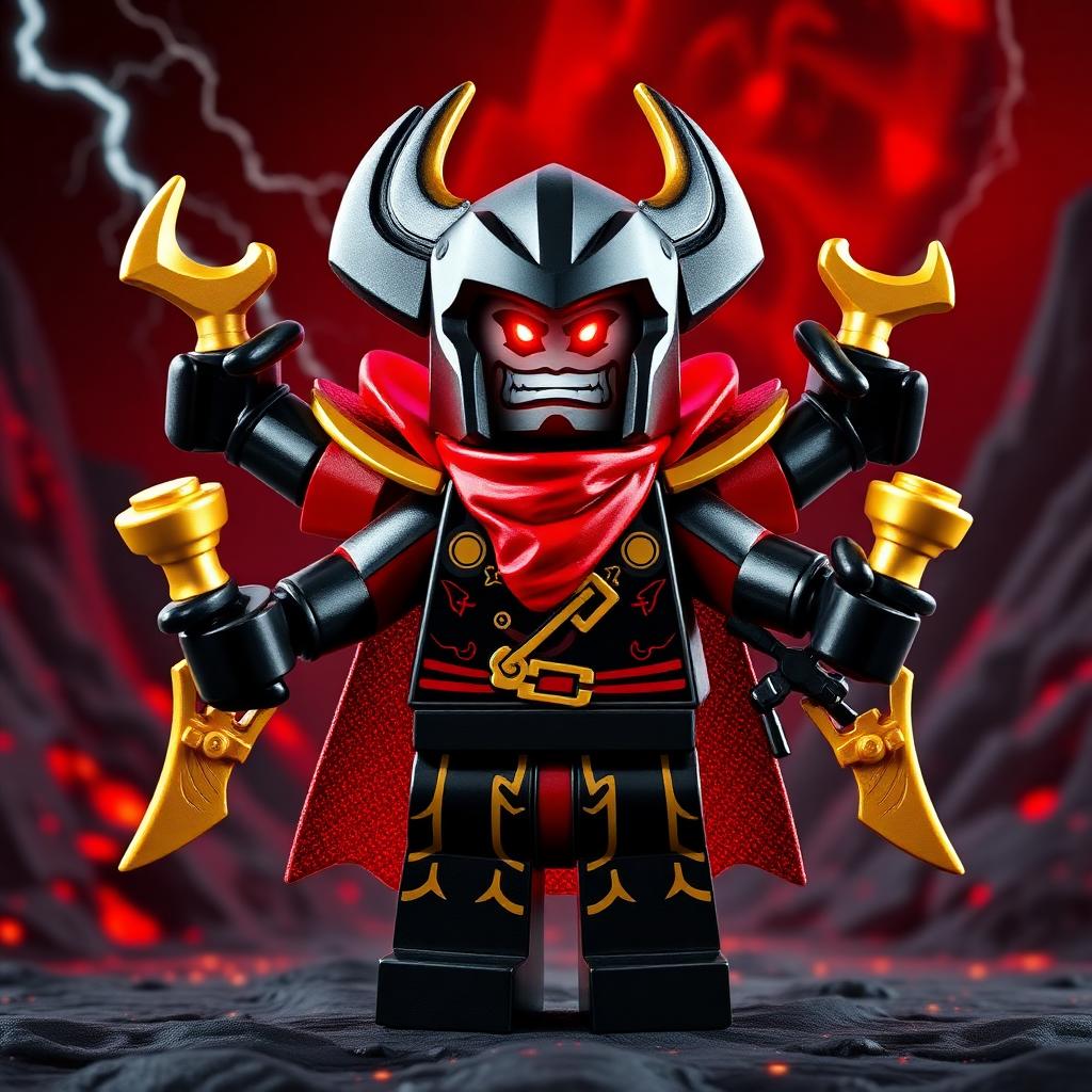 LEGO Ninjago Garmadon-style villain minifigure with four arms and golden weapons