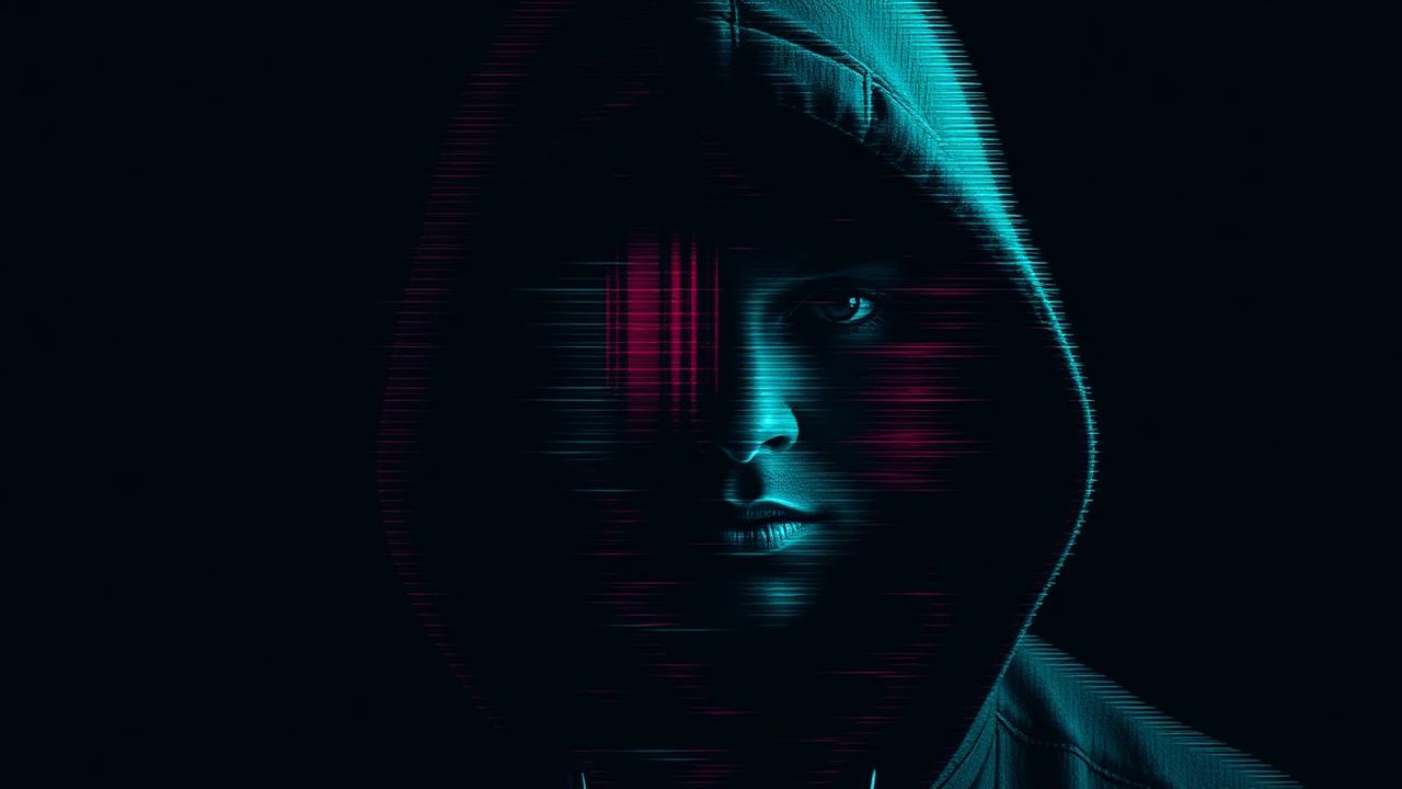 Glitchy voice changer — hooded figure with corrupted VHS distortion face and chromatic aberration