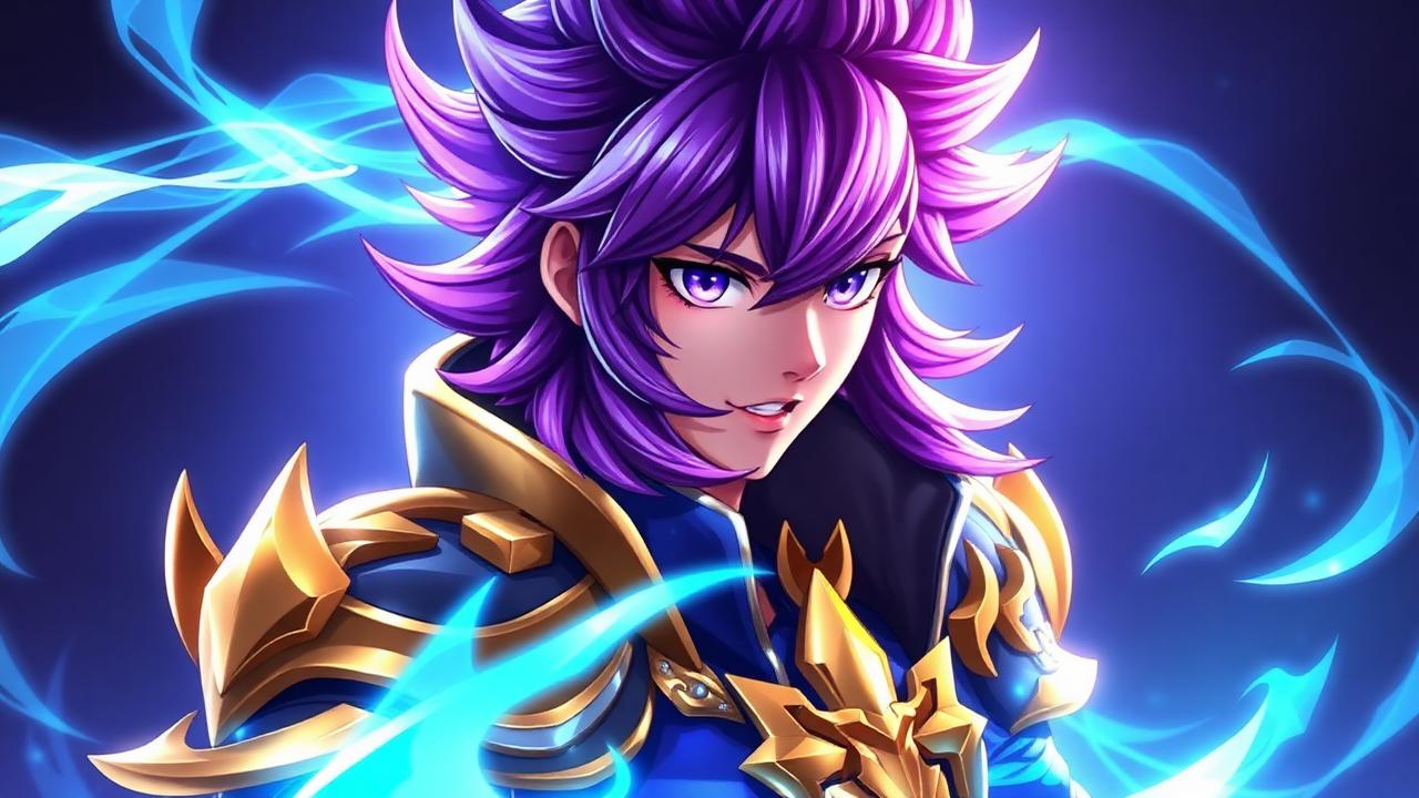 HERO x HERO voice changer — anime hero character with violet hair and gold armor
