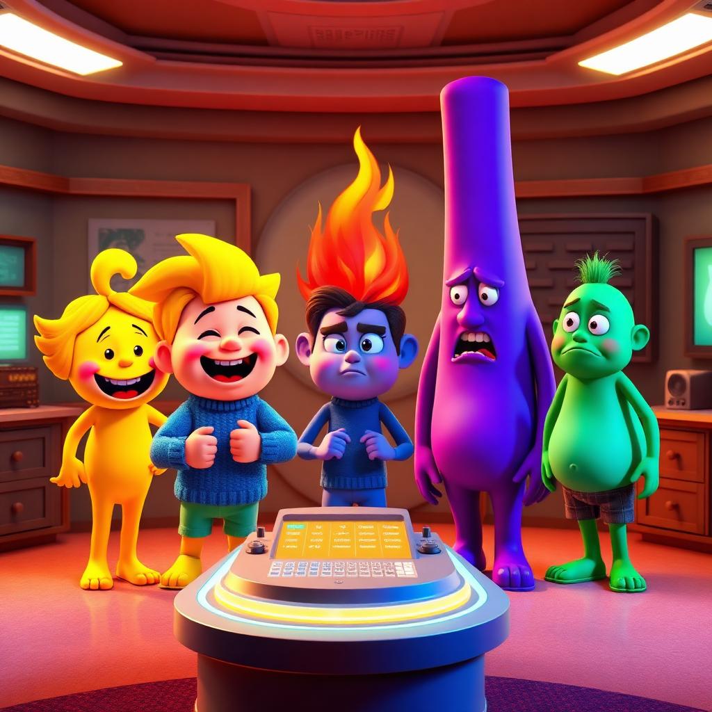 Inside Out voice changer - five emotion characters at the headquarters console