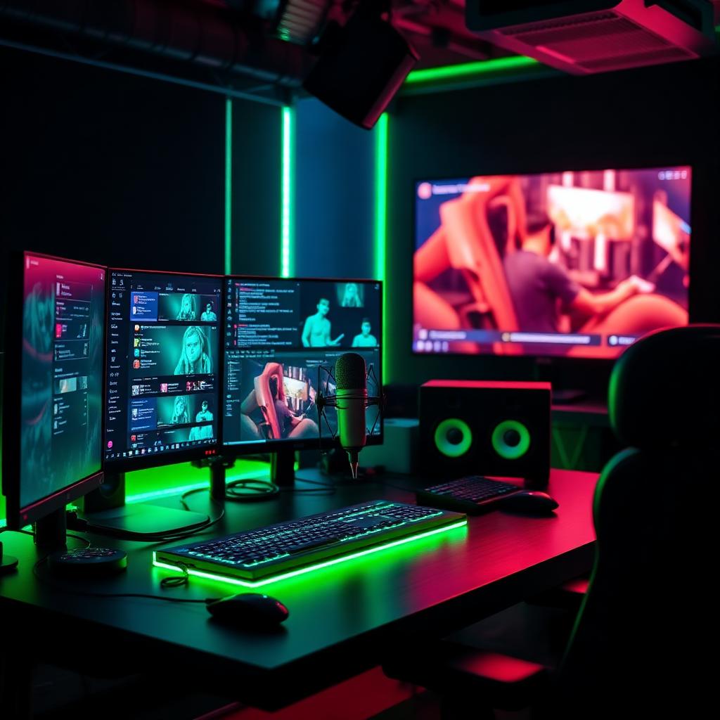 Kick streamer using Dubbing AI free voice changer with green stream-deck glow for live streaming and online chat