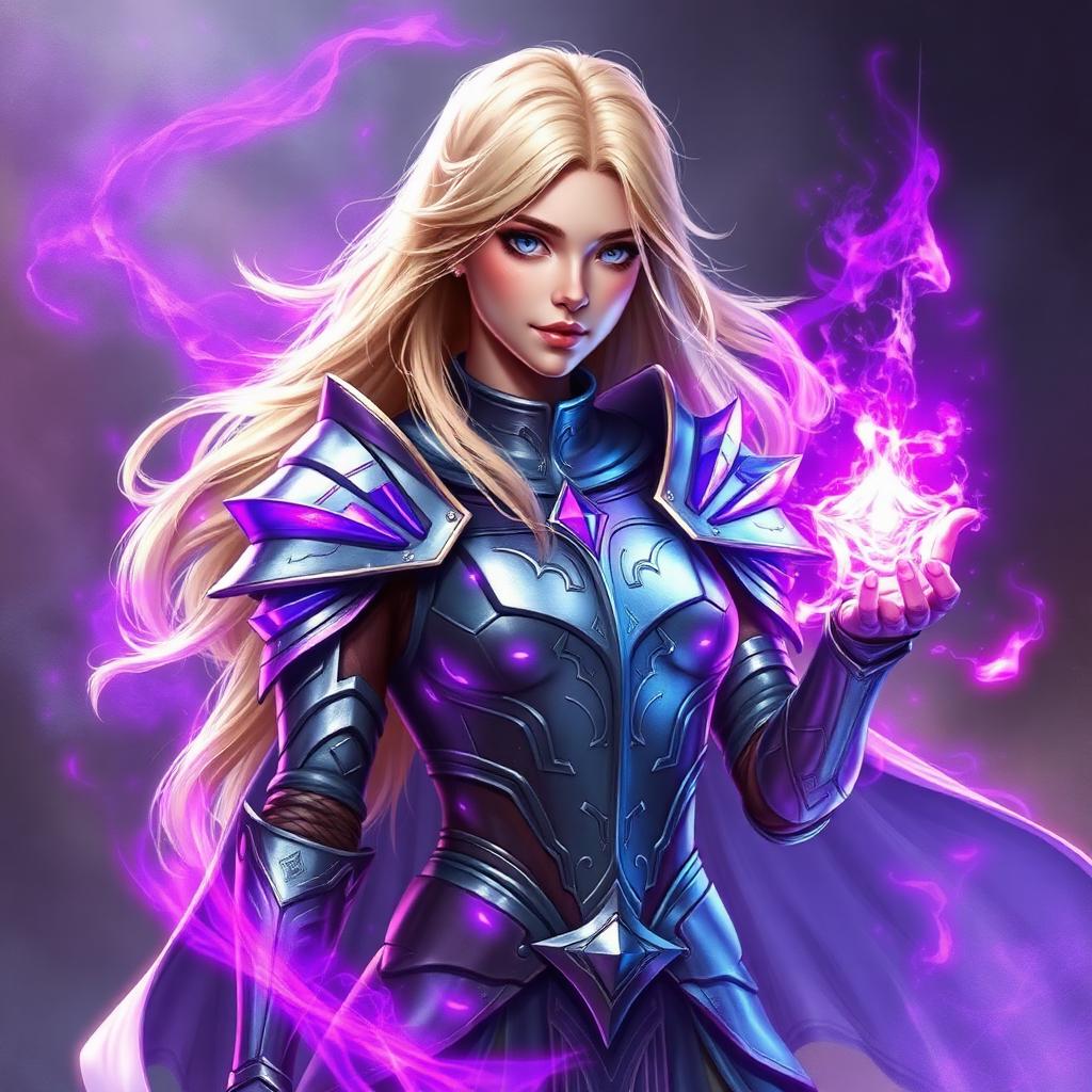 Magik voice changer preset - blonde sorceress in silver armor with purple energy aura