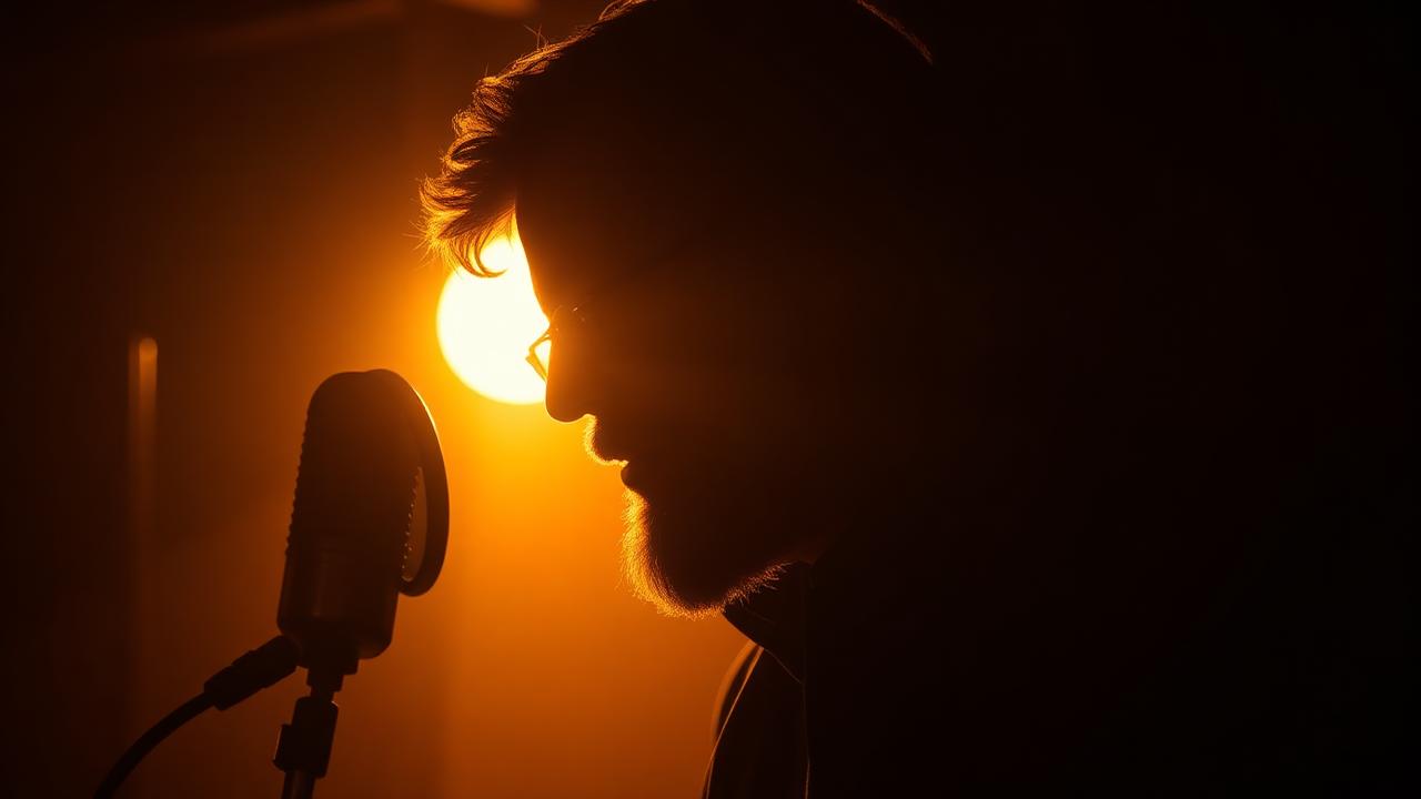 Male voice changer key visual — silhouette of a man speaking into a warm-lit studio microphone