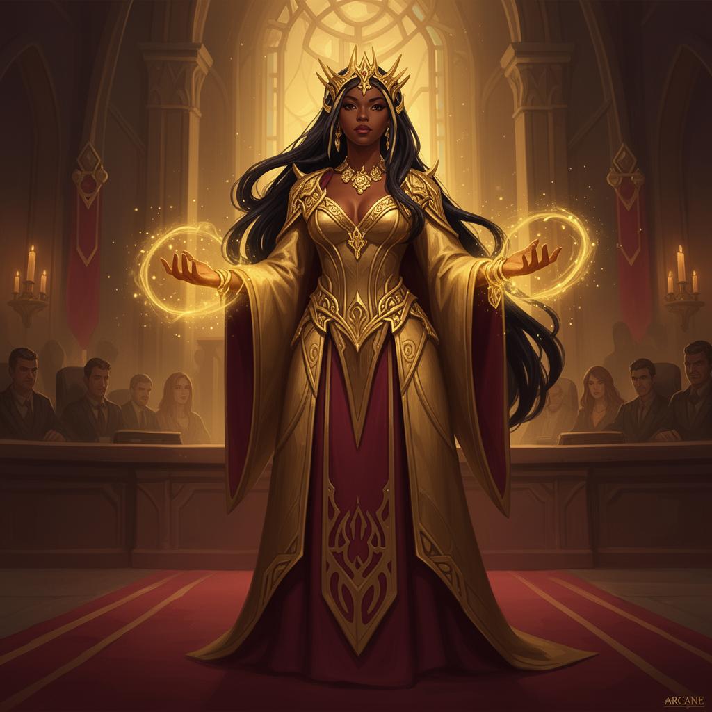 Mel voice changer - elegant Piltover council chamber with golden magic and crimson lighting