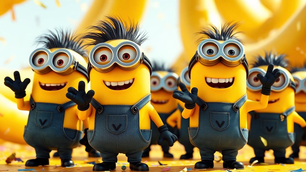 Minions voice changer - group of small yellow cartoon helpers in blue overalls waving happily