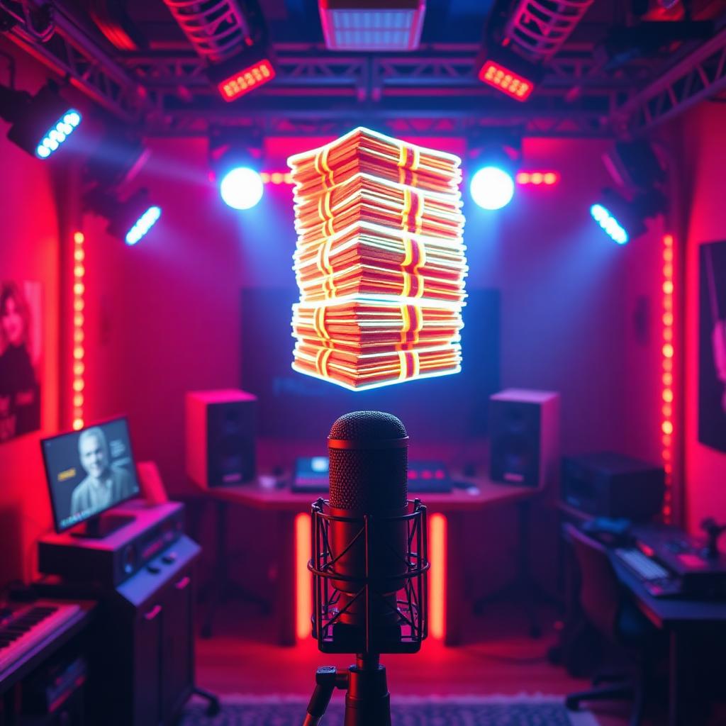 MrBeast voice changer - high-energy creator studio with red and blue neon lighting