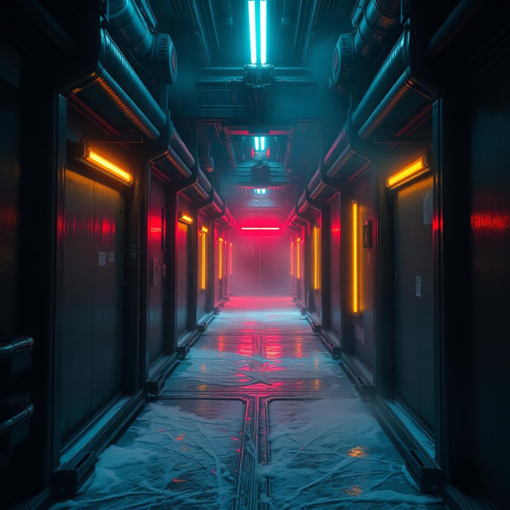 Murder Drones AI voice changer scene with neon-lit sci-fi corridor
