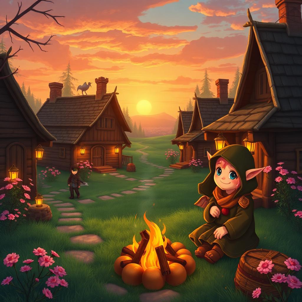 Palia voice changer — cozy Kilima Valley village at sunset with a hooded villager by a campfire