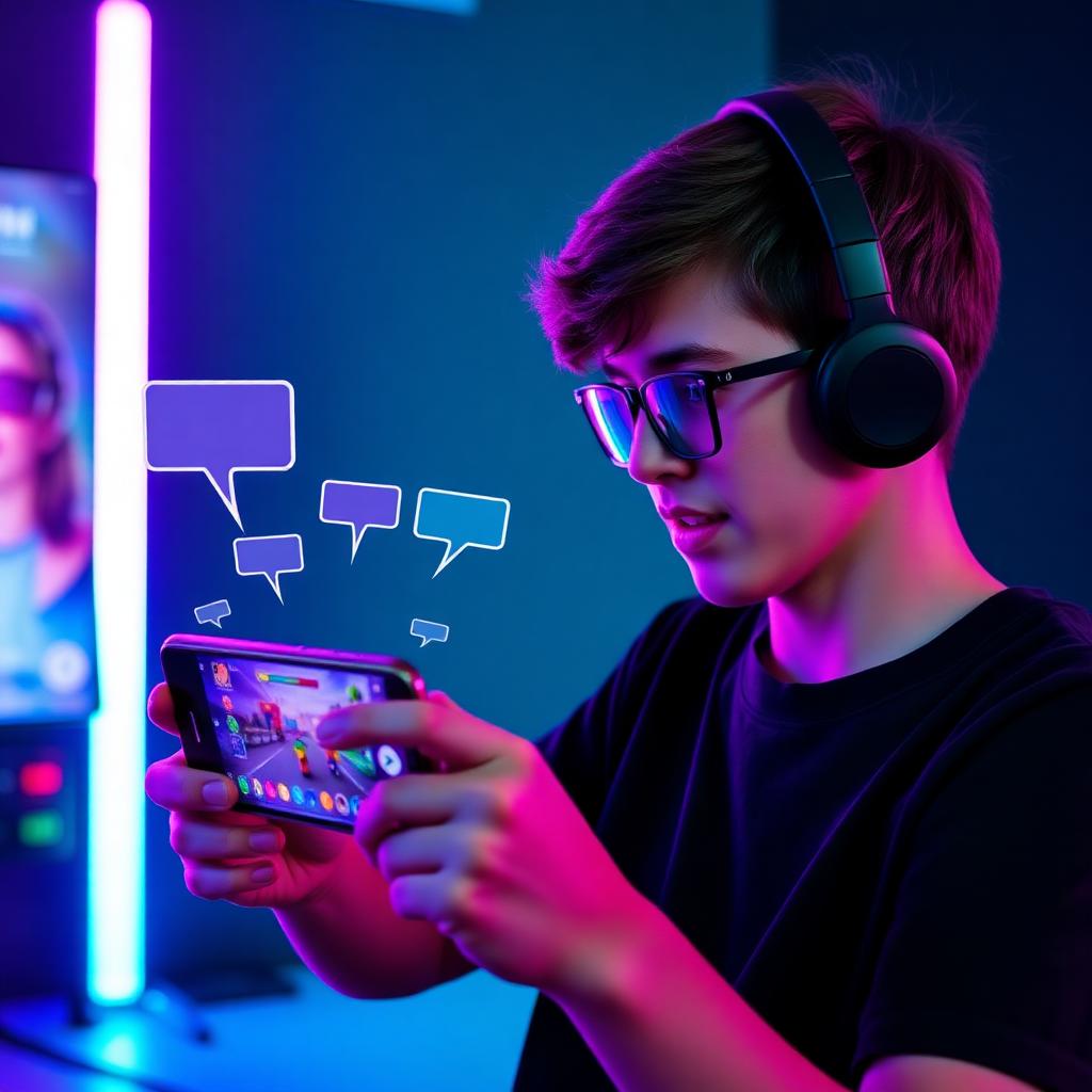 Mobile gamer using a voice changer app and wireless earbuds while playing Roblox Mobile