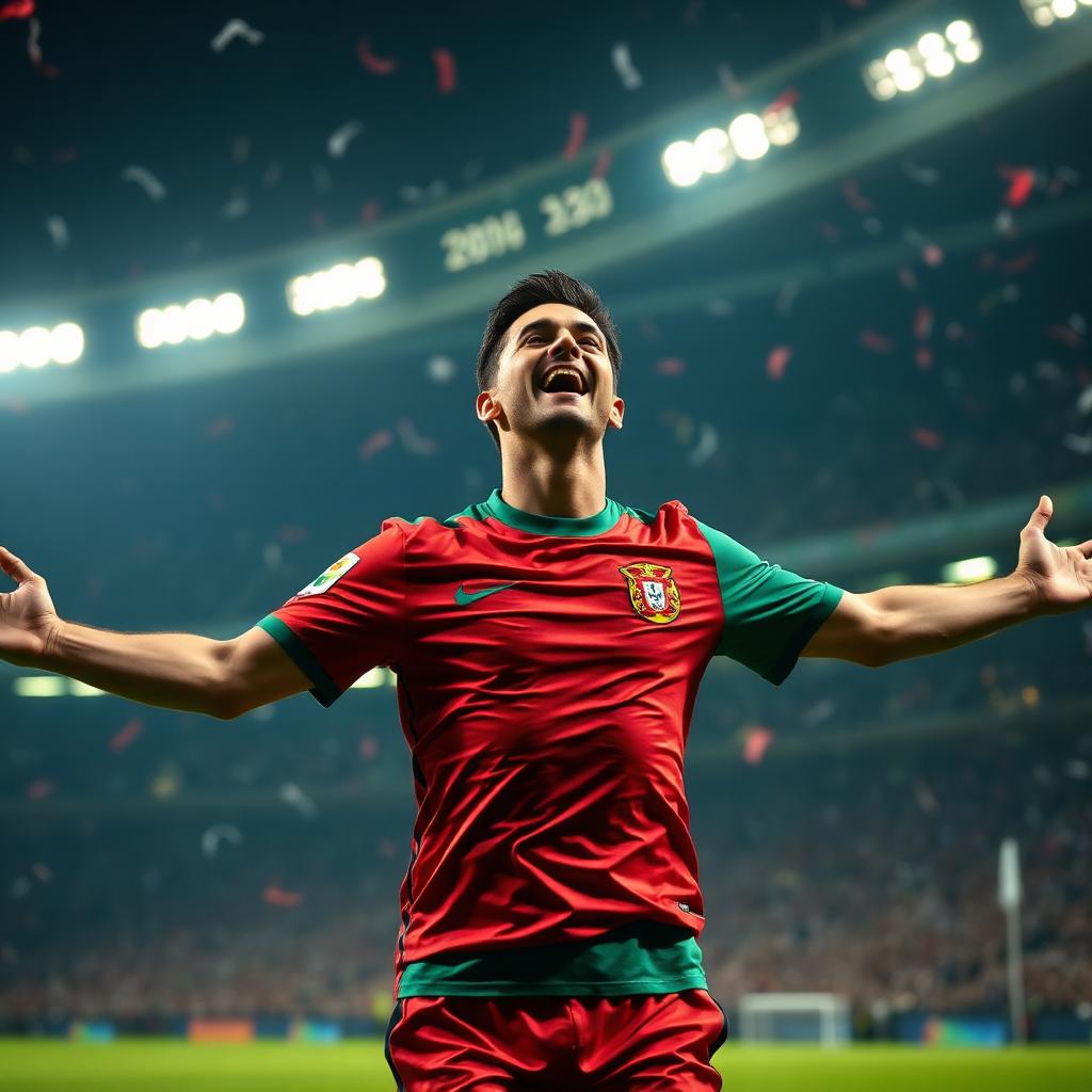 Cristiano Ronaldo voice changer preset - Portuguese football legend in red jersey celebrating