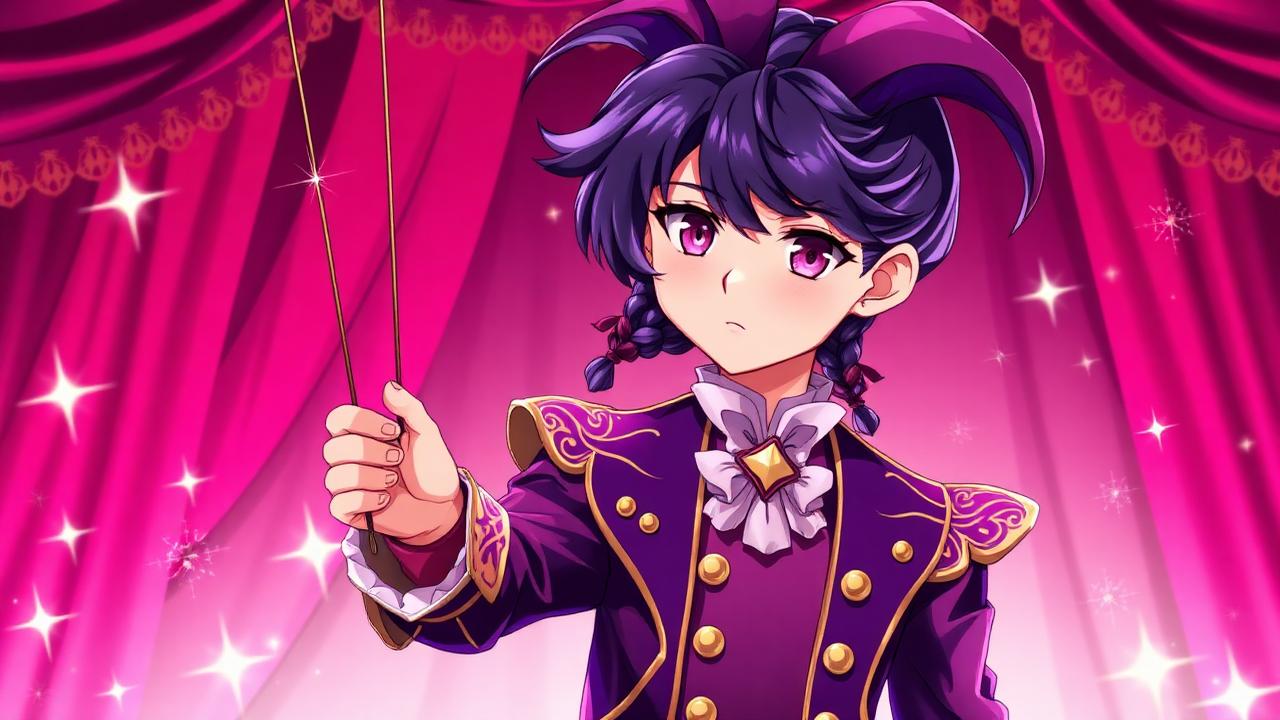 Kamishiro Rui voice changer — purple-haired anime stage director in ornate coat holding marionette strings