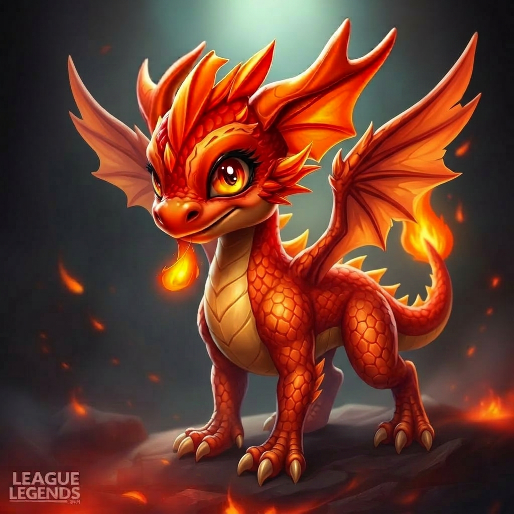 Smolder voice changer - young fire dragon League of Legends champion in ember orange and crimson