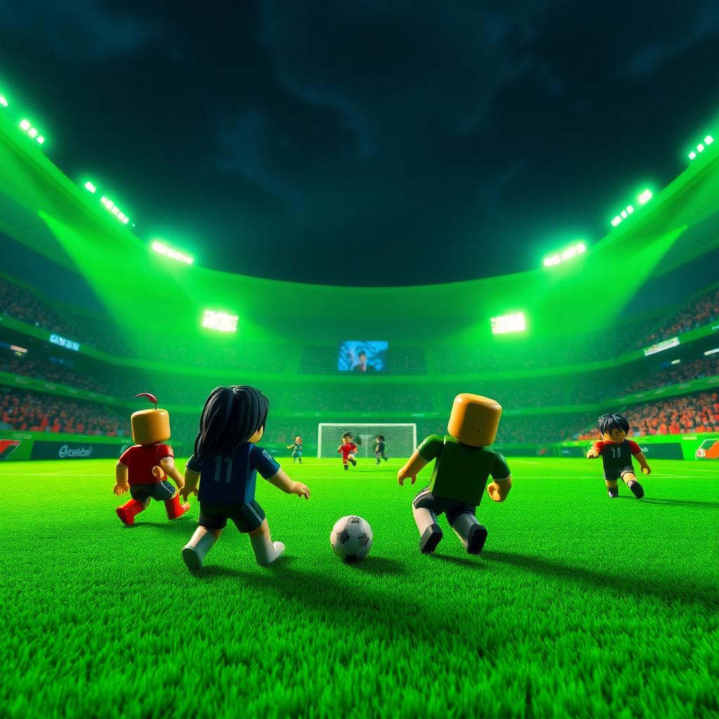 Soccer: Zero Roblox voice changer match in a neon green stadium
