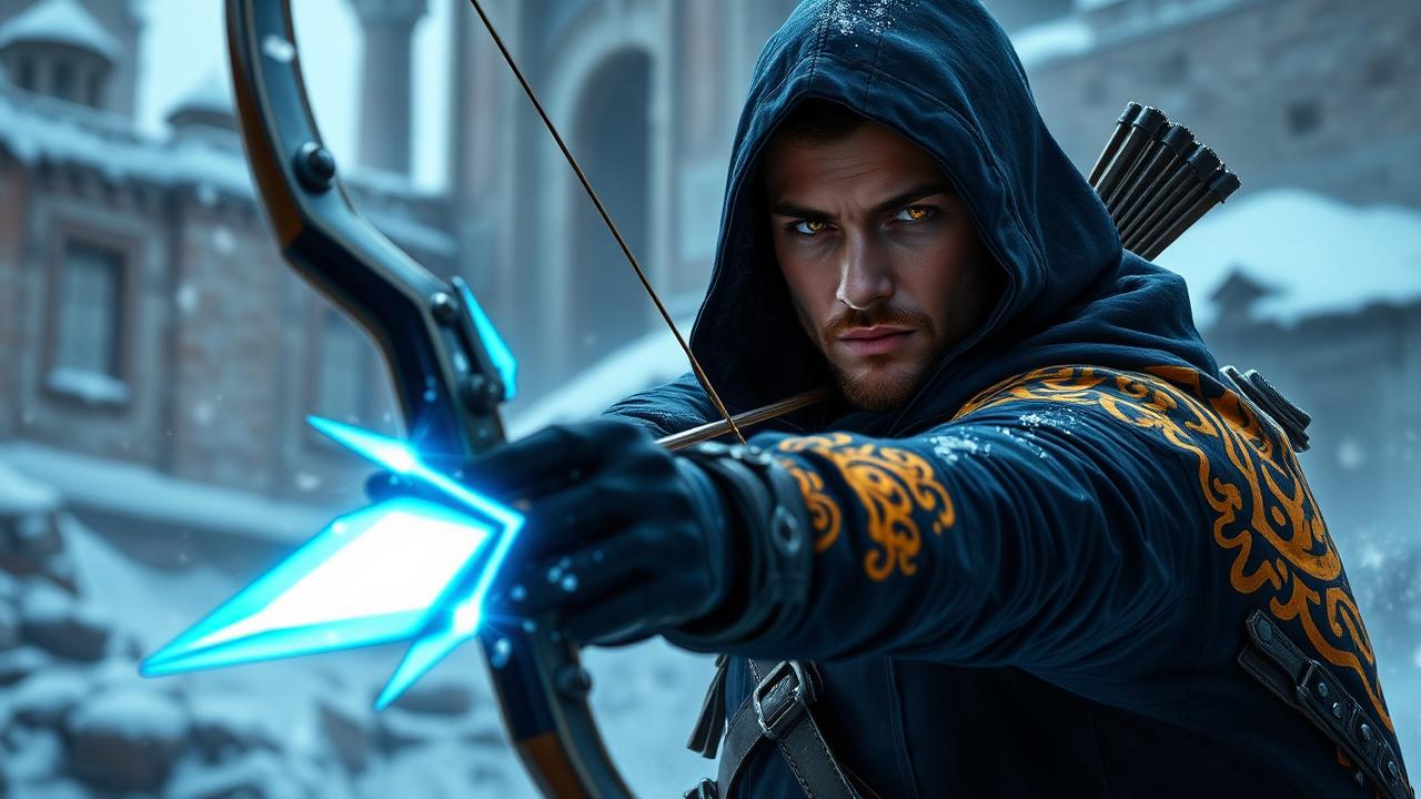 Sova voice changer preset for Valorant - hooded Russian archer drawing a glowing recon arrow