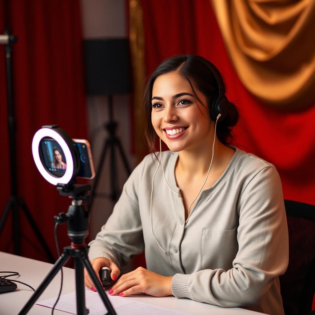 Female mobile live streamer wearing Dubbing AI Voice Changer Earbuds in front of a ring light