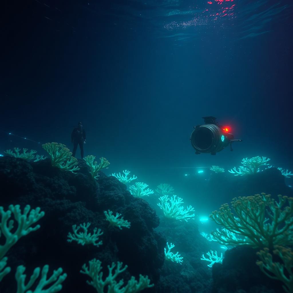 Subnautica AI voice changer with diver and submersible exploring a glowing reef