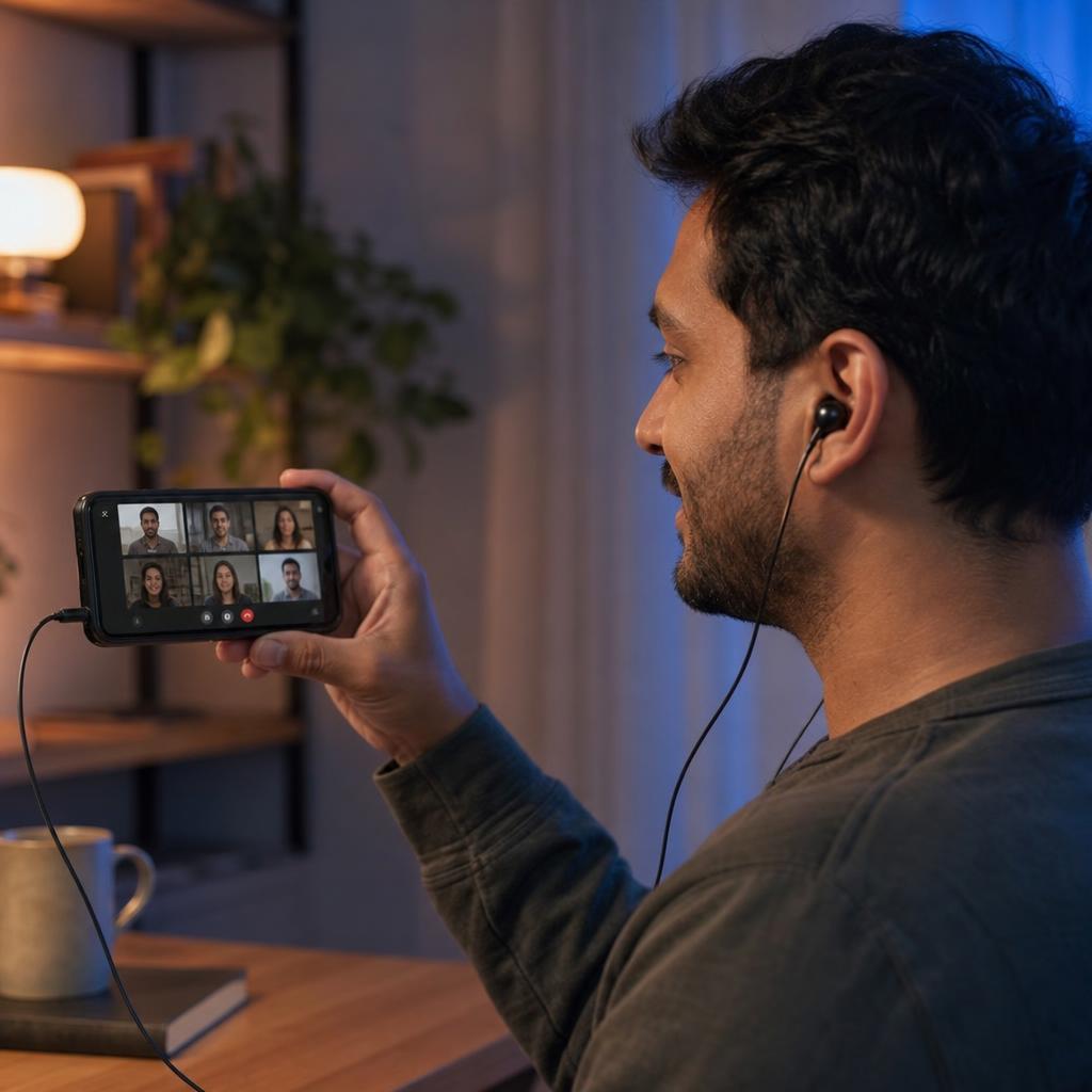 Professional wearing Dubbing AI Voice Changer Earbuds during a laptop video conference